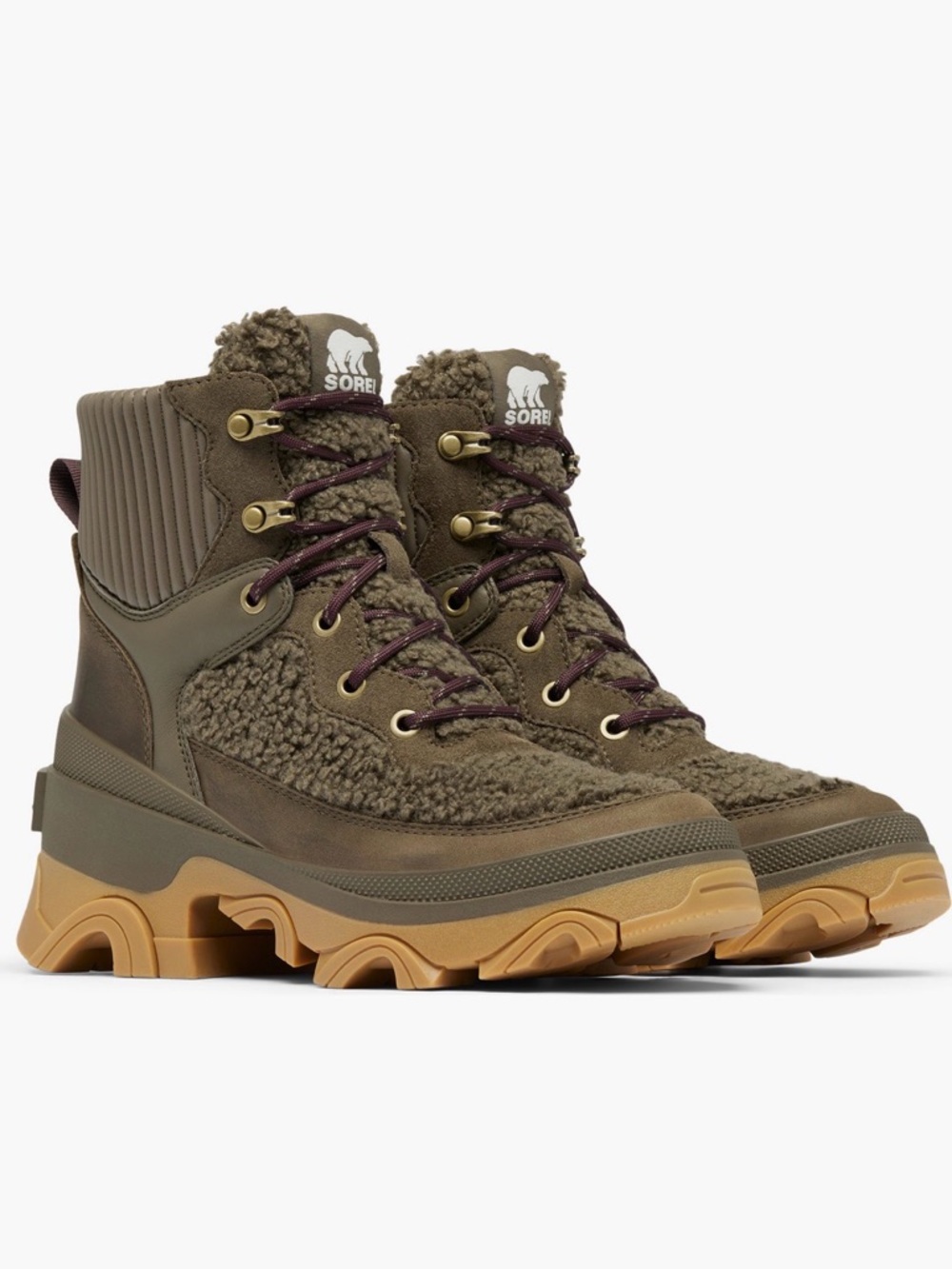 Sorel Womens Brex Faux Shearling lace up boot. Major/Omega Taupe.